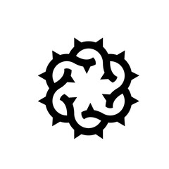 Black and white graphic design featuring a circular pattern with thorn like projections around the edge