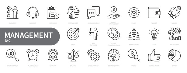 Management icon set. Business, money, focus, launch, goal, profit, development, brainstorming, social media, support, communication, idea, mutual help, etc. Vector illustration. Editable stroke.
