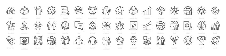 Teamwork big icon set. Leader, vision, optimization, business, team, target, strategy, growth, brainstorm, career, development, success, goal, meeting, goal, etc. Vector illustration. Editable stroke. © Nivins McTwisp