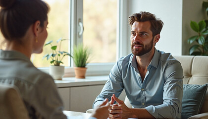  Young man with thoughtful mood listening attentively during supportive counseling session against bright home office background