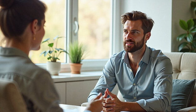  Young man with thoughtful mood listening attentively during supportive counseling session against bright home office background - Powered by Adobe