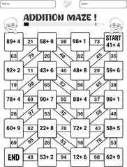 Addition maze puzzle worksheet for children