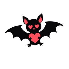 Illustration of a cartoon bat with heart eyes holding a heart in its hands with wings spread out