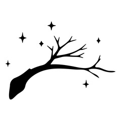 Silhouette of a curved tree branch with small twigs surrounded by several sparkling stars in the night