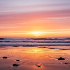 Obraz premium Vibrant Sunset Over Ocean Waves and Sandy Beach with Footprints.