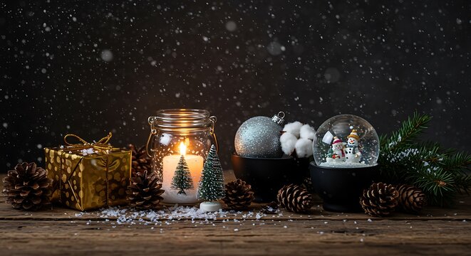 Festive Christmas Holiday Still Life with Candle Snow Globe and Gift - Powered by Adobe