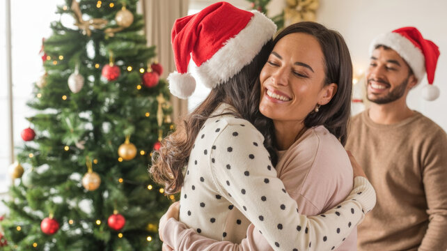 Two women hugging wearing Santa hats with Christmas tree