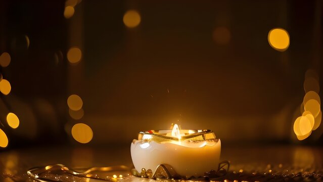 A single lit candle casts a warm and inviting glow amidst a soft bokeh background, creating a cozy and serene atmosphere perfect for contemplation or a special celebration