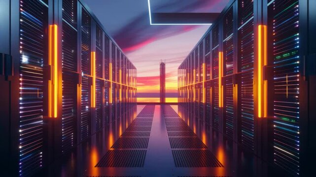 Futuristic Neon Data Center Corridor at Sunset