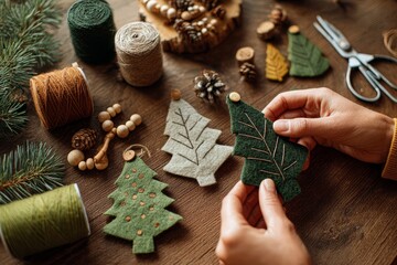 Handmade beaded snowflake embroidery on felt, close-up of meticulous work, perfect background for Christmas craft tutorials and workshops