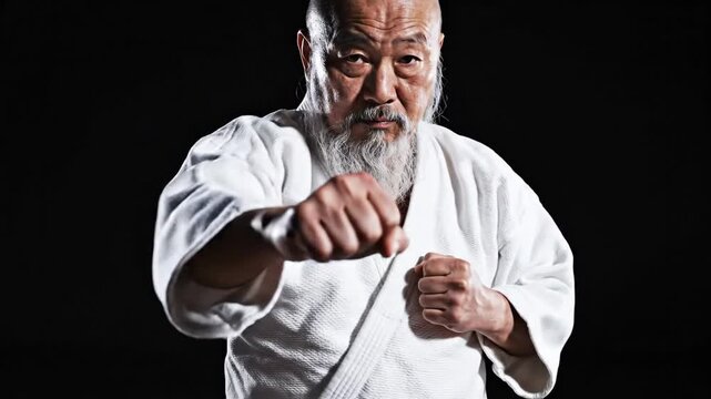 Senior martial artist demonstrates combat stance with focused expression and traditional uniform