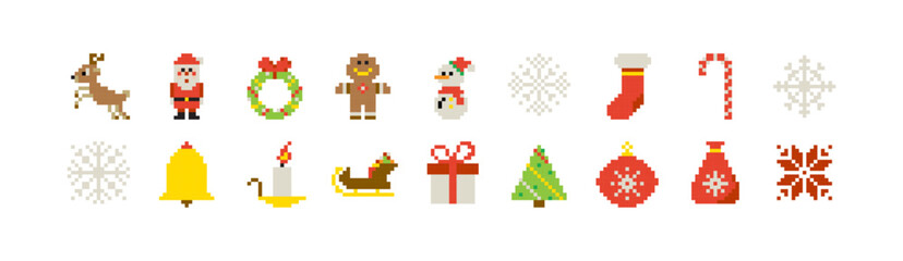 Pixel Christmas Icons Set. Vector Illustration of 8 Bit Design. Embroidery Isolated Objects on a White Background. Retro Computer Game. Simple Mosaics and Cross Stitch.