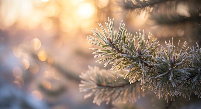 Frosty pine needles shining in the sunlight during winter season