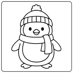 Outline drawing of a penguin wearing a winter hat and scarf in a square frame ready to be colored