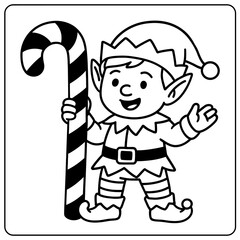 Cartoon christmas elf holding a candy cane with black and white stripes in a square border