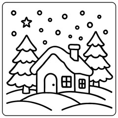 Winter scene with house trees star and snowflakes in black and white outline coloring page style design