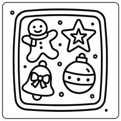 Christmas themed coloring page with gingerbread man star bell and bauble in a square frame design