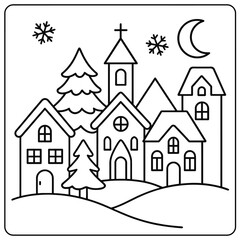 Fototapeta premium Winter scene with houses church trees snowflakes and moon in black and white line art illustration