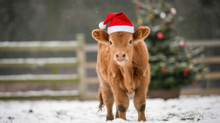 Young brown cow wearing Santa hat in snowy field with Christmas tree