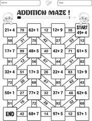 Addition maze puzzle worksheet for children