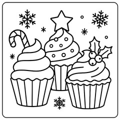 A coloring page featuring three christmas themed cupcakes with snowflakes and stars in a square frame