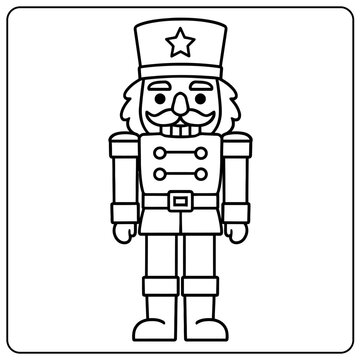 Outlined nutcracker with star on hat and uniform with belt and buttons on white background in frame