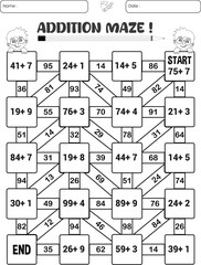 Addition maze puzzle worksheet for children