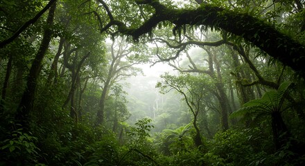 Naklejka premium Lush Green Rainforest Canopy with Foggy Mist in Tropical Jungle
