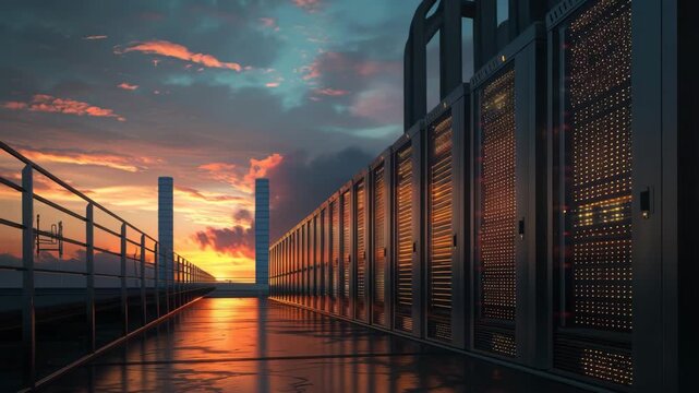 Futuristic Data Center Corridor at Sunset Lighting
