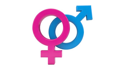 Gender equality concept with pink female and blue male symbols intertwined representing partnership and understanding, ideal for diversity and inclusion campaigns
