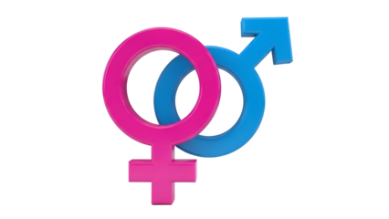 Gender equality concept with pink female and blue male symbols intertwined representing partnership and understanding, ideal for diversity and inclusion campaigns