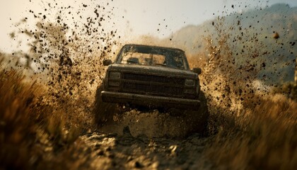 Off-road vehicle driving fast through deep mud.