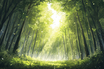 Obraz premium Magical atmosphere created by bright sunlight streaming through lush green forest trees