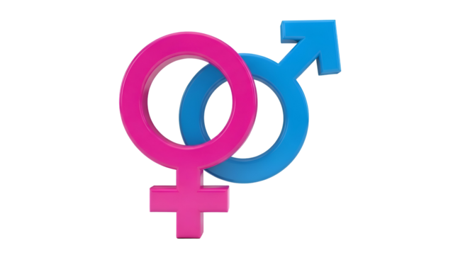 Gender equality concept with pink female and blue male symbols intertwined representing partnership and understanding, ideal for diversity and inclusion campaigns