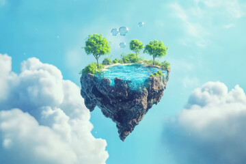Naklejka premium Lush green floating island with trees and soap bubbles illustrates surreal dreamlike magical fantasy world