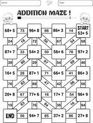 Addition maze puzzle worksheet for children