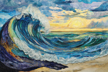 Impasto painting of a beautiful ocean wave breaking on the shore under a cloudy sky
