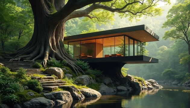 Modern treehouse in nature with stairs leading to wooden deck. Contemporary house design with glass walls shows a dreamy home among green forest and lake.
