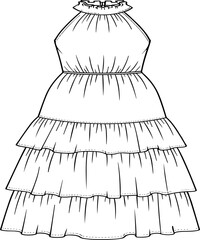 Tiered halter dress vector, fashion flat sketch, ruffled collar, gathered waist,Tiered halter dress vector, fashion flat sketch, ruffled collar, gathered waist,