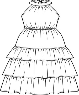Tiered halter dress vector, fashion flat sketch, ruffled collar, gathered waist,Tiered halter dress vector, fashion flat sketch, ruffled collar, gathered waist,