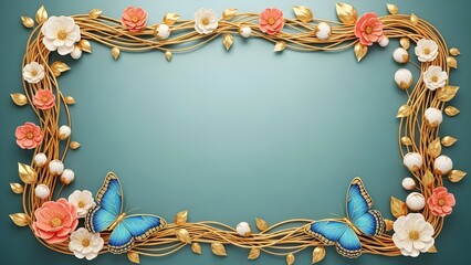 Gilded Bloom Frame with Butterflies. An ornate teal frame embellished with golden vines, pastel flowers, and twin blue butterflies—perfect for elegant invites or decor.