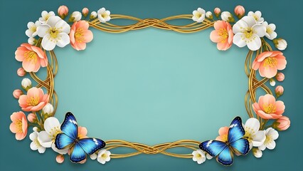 Gilded Bloom Frame with Butterflies. An ornate teal frame embellished with golden vines, pastel flowers, and twin blue butterflies—perfect for elegant invites or decor.