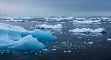 Scenic view of icy landscape with floating icebergs in arctic ocean