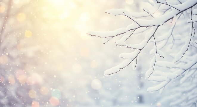 Snow covered tree branches glistening in the winter sunlight and bokeh