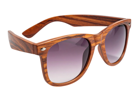 Stylish wooden frame sunglasses with gradient lenses, isolated