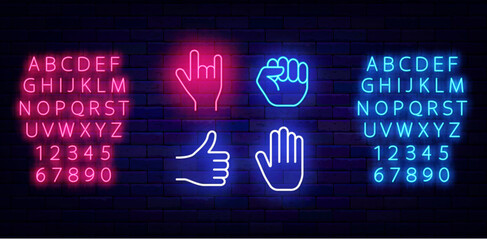 Human hands poses neon icons set. Knuckle and rock. Like emblem. Arm cursor and vote. Shiny pink and blue alphabet. Fight badge. Command work. Shiny flyer. Editable stroke. Vector stock illustration