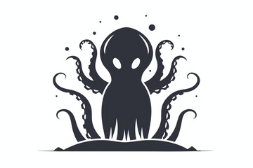 Stylized dark octopus figure floats above its rocky base with sea bubbles around