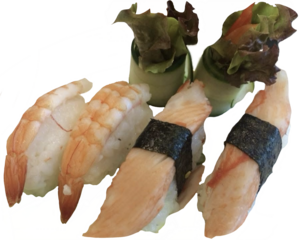 isolated Mixed sushi set isolated on white background, Shrimp Sushi, crab stick, boiled Shrimp and salad row