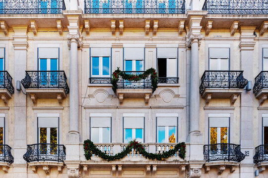 Beautiful and luxury building's facade from XIX Century in the Avenida da Liberdade, Freedom Avenue, known as the &ldquo;Champs-&Eacute;lys&eacute;es of Lisbon,&rdquo; where expansive brands are concentrated, Portugal, 2023