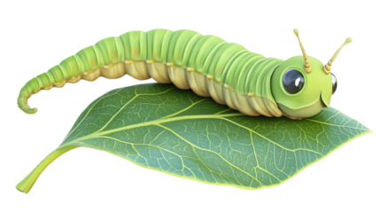 Cute green caterpillar on a leaf isolated on a transparent background 